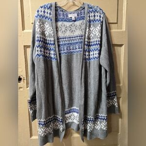 Kim Rogers Fair Isle Winter Gray Blue White Open Front Cardigan GUC Size: 1X